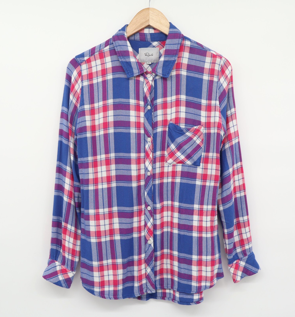 Rails Hunter Marina Flamingo Blue Pink Plaid Button Down Long Sleeve Sz M